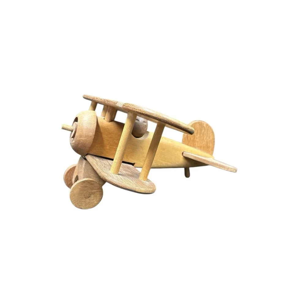 Handmade Wooden Bi-Plane Airplane Hardwood‎ Medium Stain Vintage